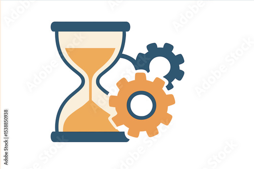 Hourglass and gears symbolize time management and productivity in a minimalist design