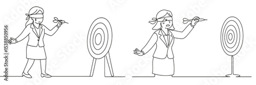 Businesswoman playing dart game blindfolded for team building activity in office