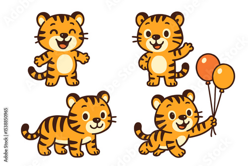 Cute cartoon tigers celebrating with balloons in vibrant colors during a festive occasion