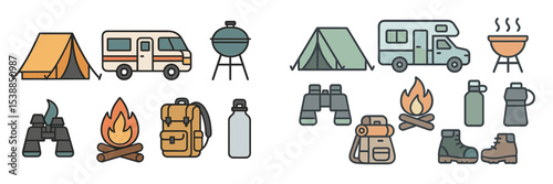 Collection of camping icons depicting outdoor gear, tents, and activities for nature enthusiasts and adventurers
