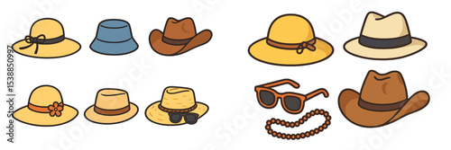 Variety of stylish hats and sunglasses displayed creatively for summer fashion inspiration