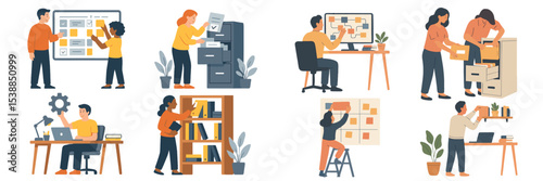 Team members collaborating on office tasks and organizing documents in a modern workspace