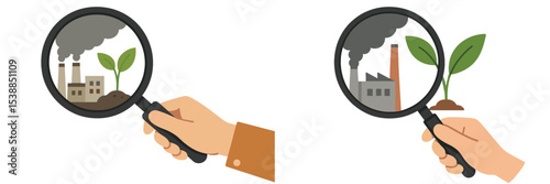 Contrast between pollution and sustainable growth: a hand holding a magnifying glass revealing two environments