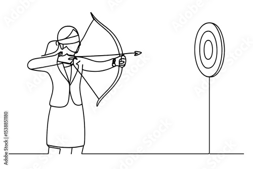 Person aiming with a bow in a suit while blindfolded at a target during a competition in a training facility