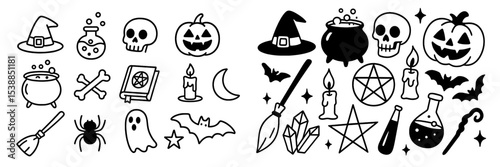 Halloween themed icons featuring cauldrons, pumpkins, skulls, and bats for festive celebrations