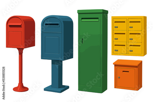 Colorful mailboxes displayed in various styles and sizes in a contemporary design setting