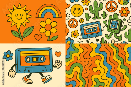Retro cassette tapes and cheerful patterns depict a vibrant, playful atmosphere in a colorful design