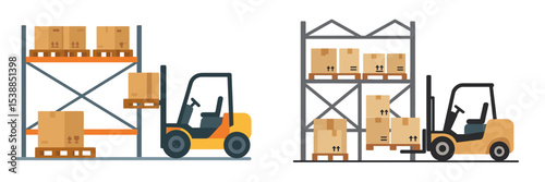 Forklifts loading and unloading boxes in a warehouse during a busy workday