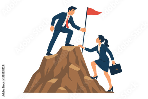 Business professionals collaborate to achieve success while climbing a mountain during a corporate training session
