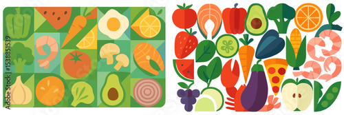 Colorful display of fresh vegetables and fruits arranged in an artistic pattern showcasing nutrition and wellness
