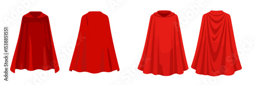 Red cloaks displayed in various styles and folds highlighting texture and design at a costume event in the evening