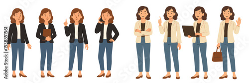 Business professional representing various poses in a corporate setting during a daytime meeting