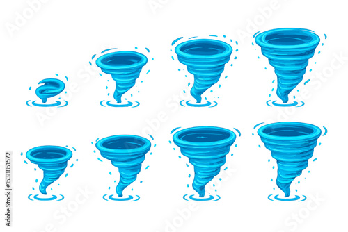 Various stages of a water tornado illustrated with vibrant blue colors and swirling motions in a playful design