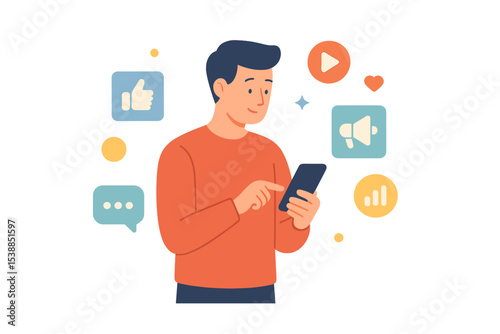 Young man engaging with social media on smartphone surrounded by digital icons representing interaction and content sharing