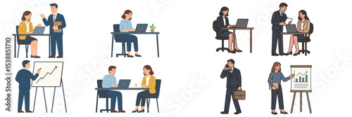 Business professionals engaged in various activities in a modern office setting showcasing teamwork and collaboration skills