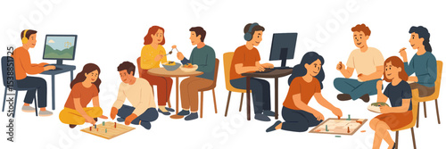 Friends enjoying board games and online activities in a cozy indoor setting during a weekend afternoon