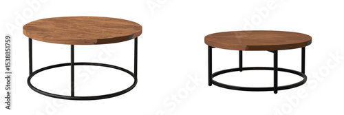 Modern round coffee tables with wooden tops and metal bases placed in a stylish living room setting