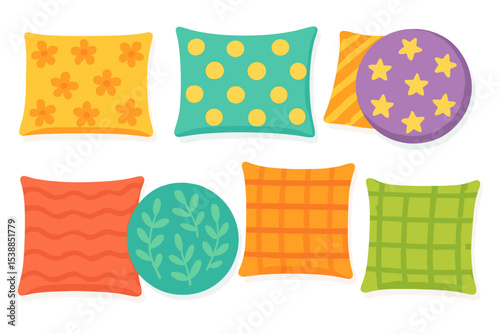 Brightly colored decorative pillows arranged in a playful pattern on a light background