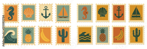 Unique collection of vintage stamp designs featuring nautical elements and tropical motifs from a coastal themed project