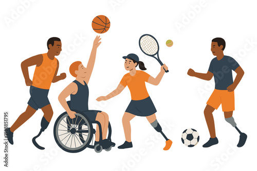 Inclusive sports activities featuring various athletes engaging in basketball, tennis, and soccer at a community park during the day