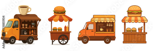 Food trucks and stalls offering coffee and burgers at a bustling street fair in a vibrant urban setting