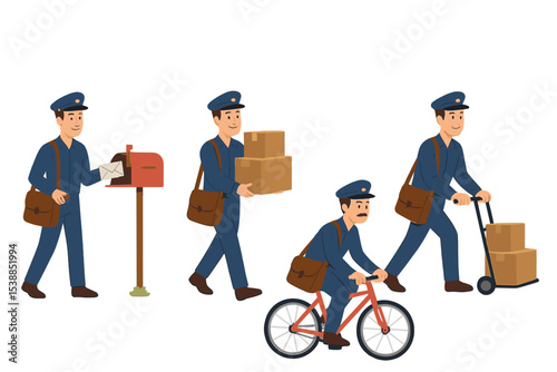 Postal workers delivering mail and packages through various methods in a busy neighborhood during daylight hours