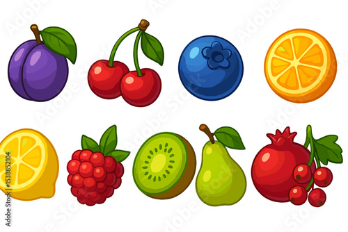 Colorful assortment of fresh fruits displayed in a vibrant arrangement on a white background