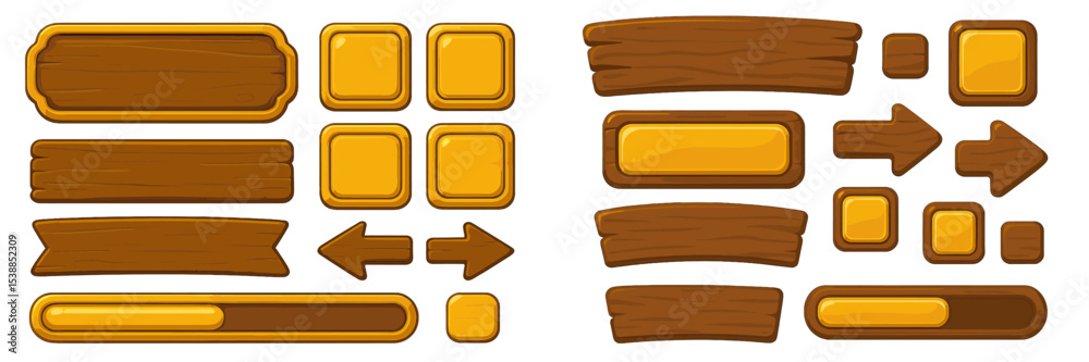 Wooden sign and button designs suitable for games or applications in various shapes and sizes