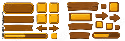 Wooden sign and button designs suitable for games or applications in various shapes and sizes