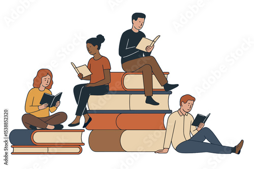 Four people enjoying reading on a stack of large books in a cozy indoor setting during daytime