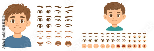 Character design showcase featuring diverse facial expressions and features of a young boy in a playful style