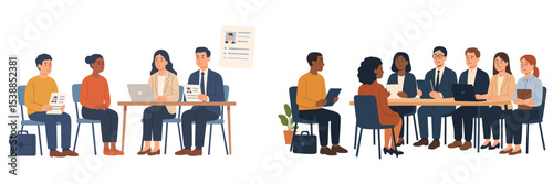 Group of professionals engaged in discussions and planning in a collaborative office environment during a morning meeting session