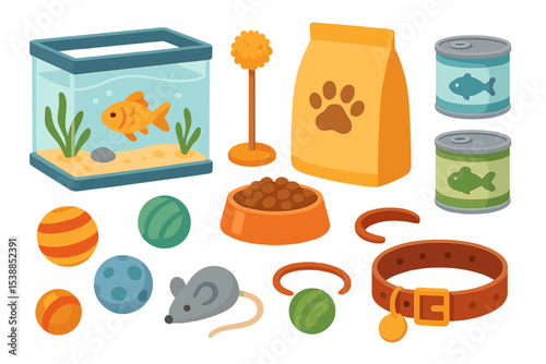 Colorful pet supplies and accessories arranged for a playful indoor setting featuring fish and small animals