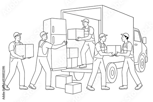 Group of workers unloading boxes and a refrigerator from a delivery truck at a residential location