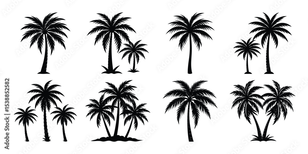 Fototapeta premium set of palm tree silhouettes, isolated on a white background, black palm tree silhouette, tropical coconut
