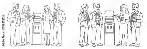 People engaging in conversation near a water cooler in an office setting during work hours