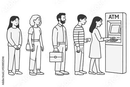 Queue forms at an ATM as individuals wait to use the machine in a bank setting during a busy afternoon