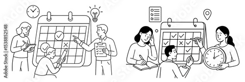 Planning and time management activities with people scheduling and organizing tasks in a collaborative work environment