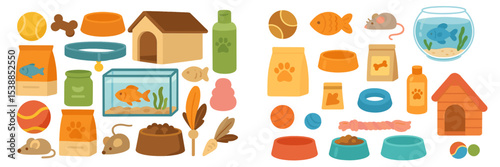 Colorful collection of pet supplies and accessories for various animals in a playful design