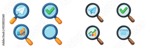 Various icons depicting search and analysis functions on a digital platform in a vibrant and modern style