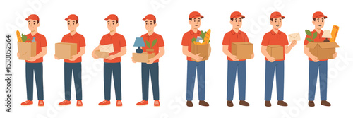 Delivery worker performing various tasks in a busy urban environment during daylight hours