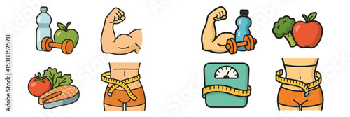 Illustrations of fitness and healthy lifestyle choices showing exercise, nutrition, and weight management activities