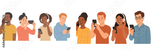 Group of diverse individuals using smartphones in a casual setting showcasing modern communication and social interaction