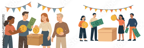 Community fundraising event with people donating money and engaging in cheerful activities