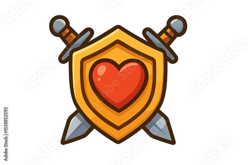Shield with heart icon surrounded by crossed swords styled in cartoon fashion