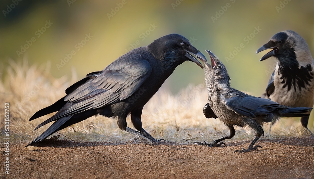 Obraz premium juvenile crow begs for food from parents