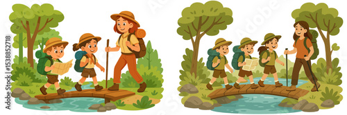 Children and guide exploring nature on a sunny day while hiking through a forest and crossing a wooden bridge