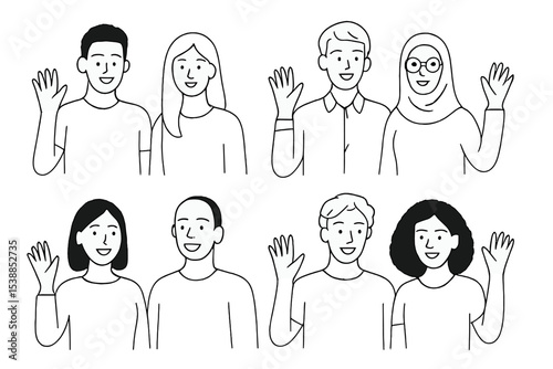 Diverse group of people smiling and waving in a friendly gesture during a casual gathering