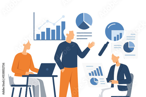 Group collaboration on data analysis in a modern office setting during a business meeting