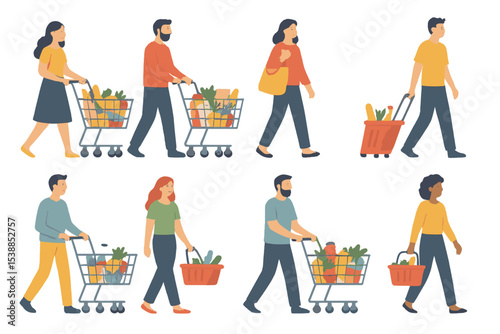 People shopping with carts and baskets in a grocery store during the day in a bustling market environment
